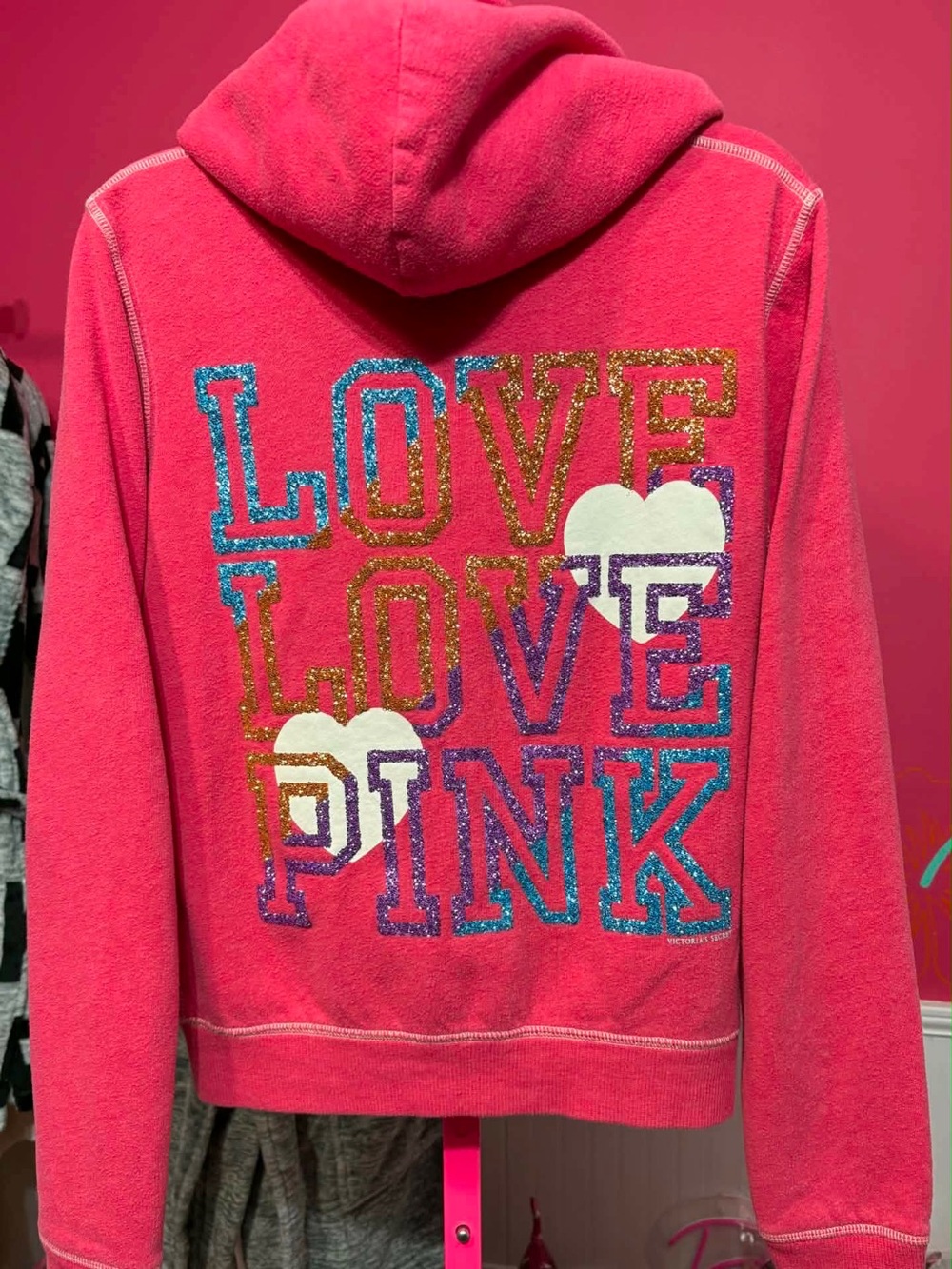 HTF Victoria's Secret Pink Glitter 'LOVE LOVE PINK' Hoodie